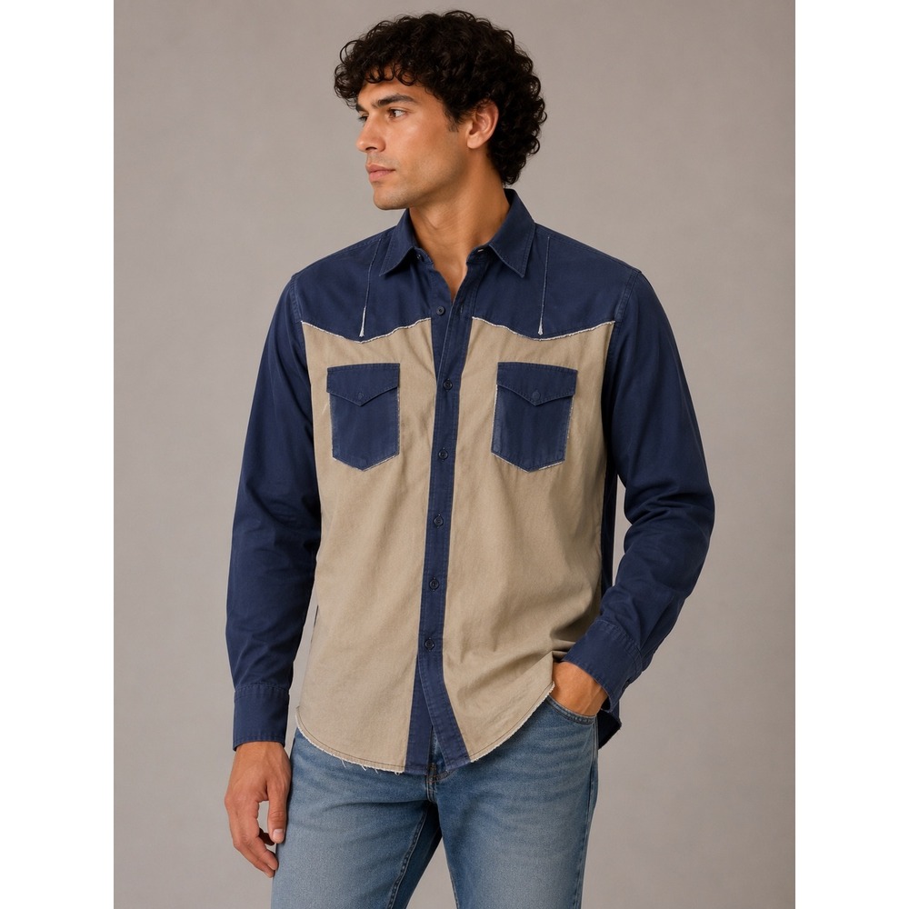Cowboy Threads Mens XL Western Button Down Shirt Two Tone Navy Tan Frayed Hem |A
